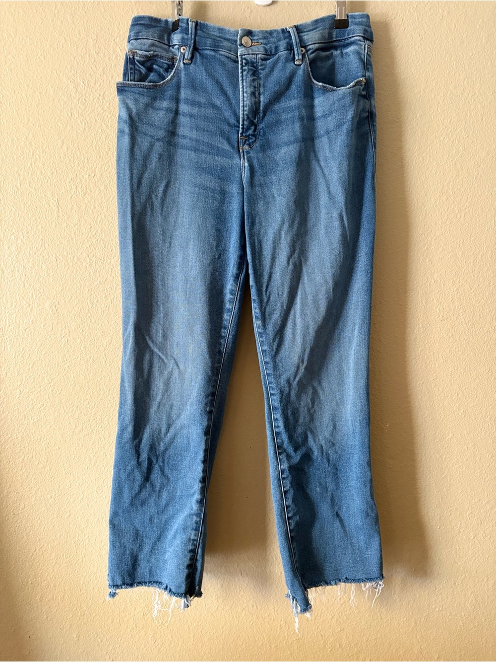 Good American Good Legs Straight Jeans 14/32 Indigo514 Raw Hem Stretch